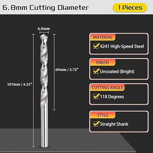 Drill Bit, 6.8mm Cutting Diameter, 4241 HSS 118° Cutting Angle Uncoated Bright Versatile Jobber Bits - (Applications: for Drilling Plastic Wood Soft Metal), 1-Pieces