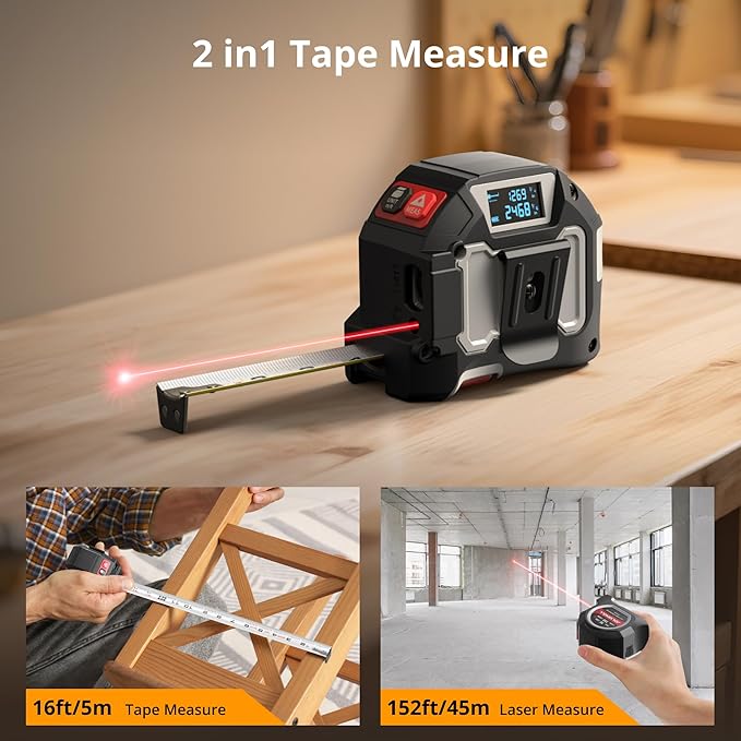 2-in-1 Laser Tape Measure, 152Ft Rechargeable Laser Measurement Tool & 16Ft Self-Locking Tape, Movable Magnetic Hook, Supports Ft/in/M, Area, Volume, Pythagoras for Construction, DIY, Woodworking