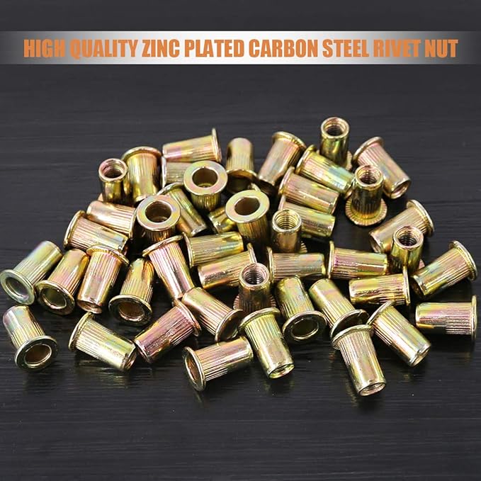 Keadic 150Pcs M5 Rivet Nuts Metric Zinc Plated Rivet Nut Carbon Steel Rivet Nut Flat Head Threaded Insert Kit Threaded Rivet Insert Nutsert Rivnuts Kit for Furniture