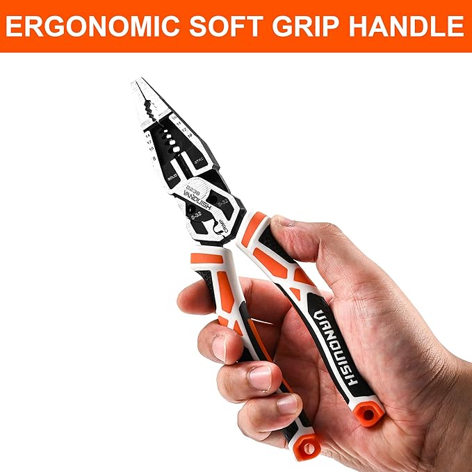 VANQUISH 10-in-1 Long Nose Pliers, 8‘’ Multipurpose Combination Pliers Wire Cutter/Crimper/Stripper, CRV Steel, Heavy Duty Side-Cutting Pliers for Crimping, Stripping, Shearing, Deburring, 3239