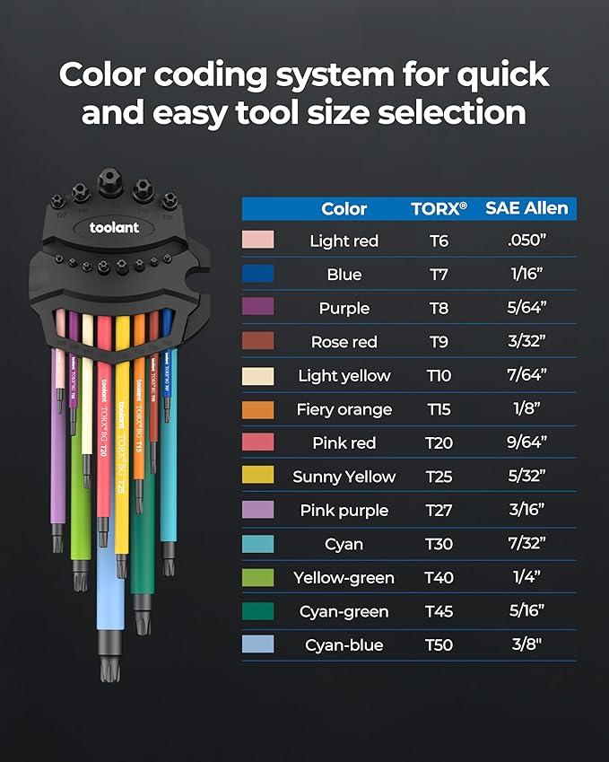 Torx Wrench Set 13pcs(T6-T50),Extra Long Arm Security Metirc Star Wrench Set, Crafted Torx Key Set with Color Coded Sleeves for Furniture Assembly, Bicycle Maintenance, Household DIY