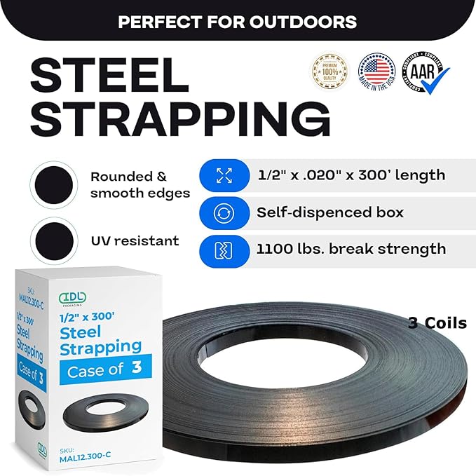 Steel Strapping Coil 1/2" x .020" x 300' (3-Pack), 1100 lbs Break Strength in Self-Dispensed Сardboard Box - Metal Band - Portable Heavy-Duty Banding with Superior Cut-Resistance by IDL Packaging
