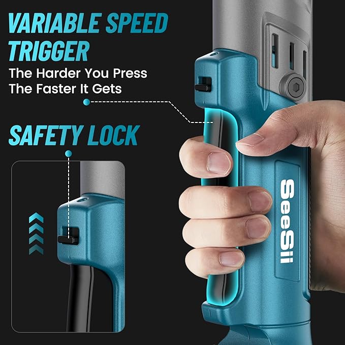 Seesii 21V Cordless Electric Ratchet Wrench Set, 66Ft-lbs 200RPM Power Ratchet Wrench 3/8", Variable Speed Trigger, 2x 2.0A Batteries & Charger, 8 Sockets, 1/4" and 1/2" Adapter, 3" Extension Bar