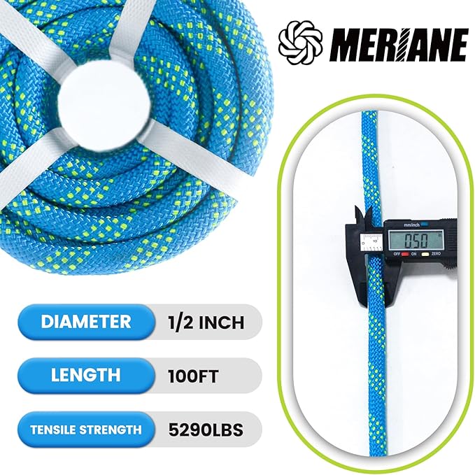 Double Braid Polyester Rope 1/2inch 100ft, 5290lbs Breaking Strength, Blue Arborist Rigging Rope for Various Indoor Outdoor Applications Hiking Camping Swing Sailing