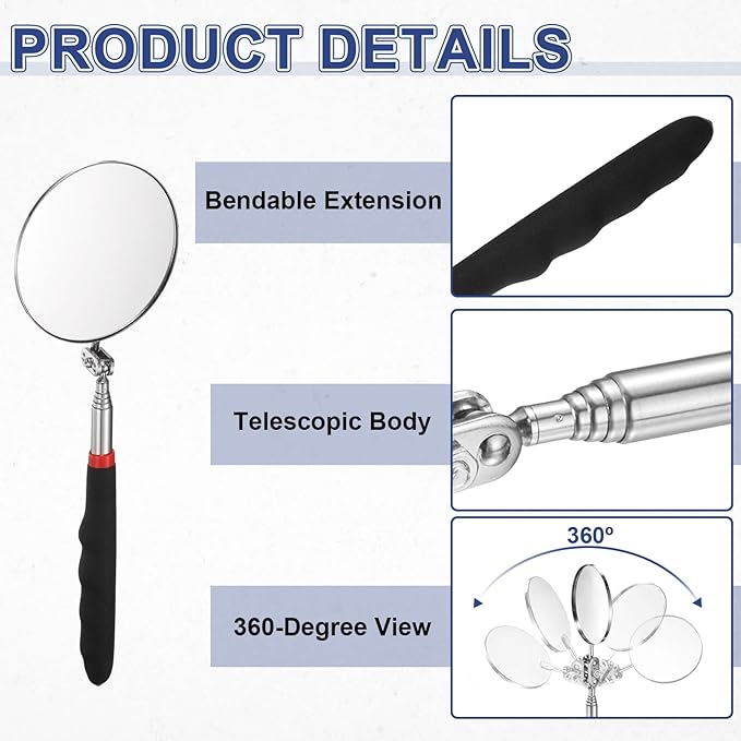 HARFINGTON Telescoping Inspection Mirror 3.3" Round 10.2" to 29.5" 360 Degree Stainless Steel Inspection Swivel Head Extendable Mirrors with Pocket Clip for Technicians Mechanics, Black