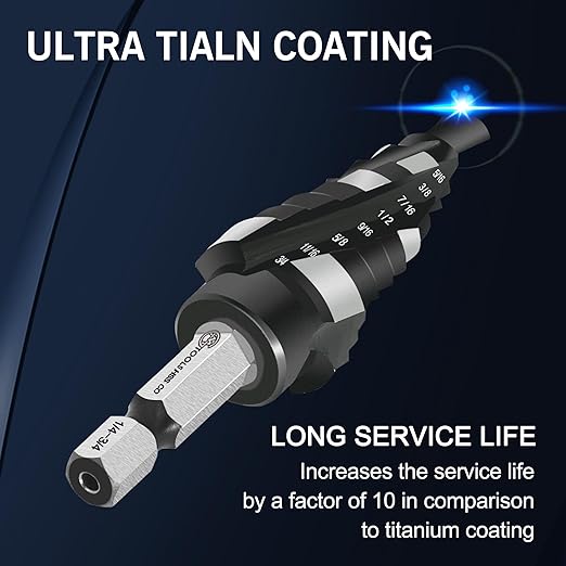 M35 Four Spiral Flute Cobalt Step Drill Bit Set 1/8"-7/8", Industrial Grade Wear-Resistant TiAlN Coated 1/4" Hex Shank Step Bit for Metal, Stainless Steel, Aluminum, Wood, Plastic (3pcs)