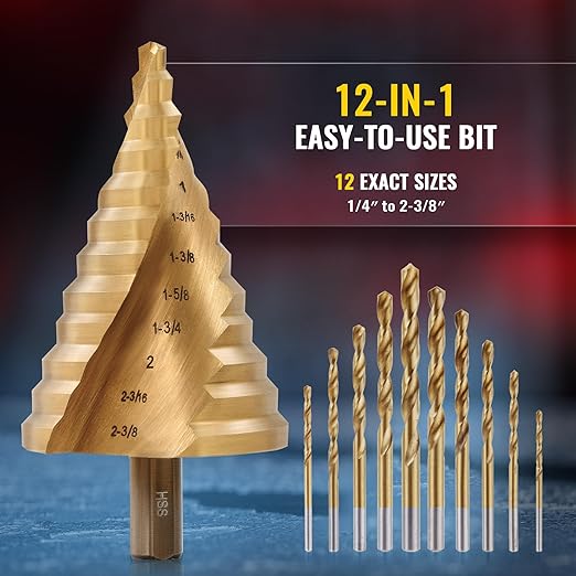 ZELCAN Large HSS Spiral Groove Step Drill Bit, 12 Sizes Titanium High Speed Steel 1/4" to 2-3/8" Drill Bit for Sheet Aluminium Metal Wood Hole Drilling, Big Multiple Hole Stepped Up Bit for DIY Lovers