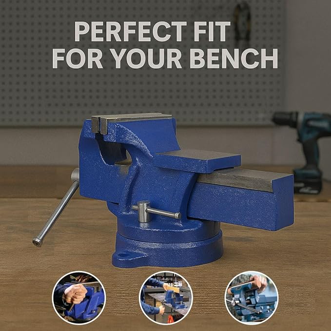 4-Inch Bench Iron Vice Heavy Duty Steel Bench Vise with Swivel Base Professional Germany Iron Design Durable Blue Finish for Workshop Use E-2014