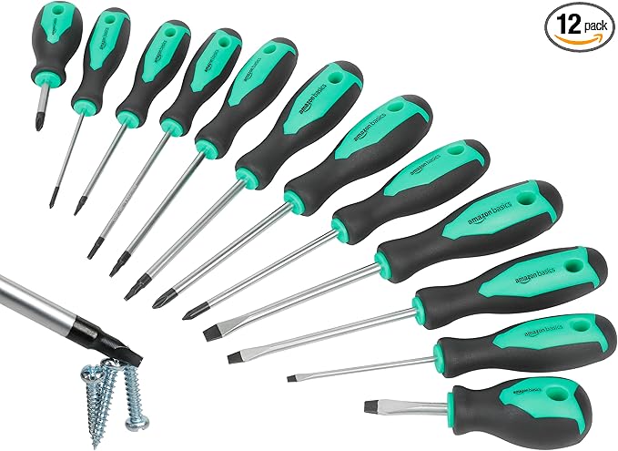 Amazon Basics Magnetic Screwdrivers Set, Includes Phillips, Slotted, Torx, Square, and Stubby Screwdrivers, 12-Piece Hand Tools Set, Turquoise