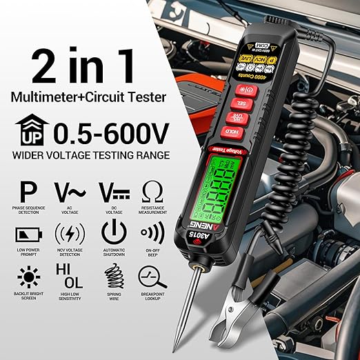 ANENG 0.5V-600V Multimeter,AC/DC Automotive Test Light,Buzzer Circuit Tester with Sharp Probe,Polarity Indicator Light, Continuity Voltage Fuse Tester Pen with Alligator Clip for Sedan, SUV, RV, Truck