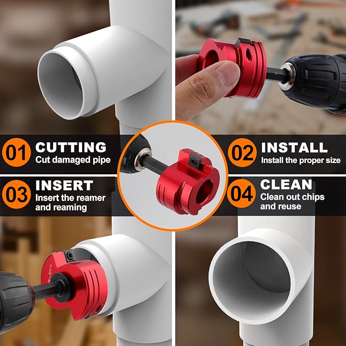 Double-Blade PVC Pipe Reamer Kit (1/2" to 4") 8PCS into Standard 1/2" Drills - Fits PVC, SCH40, ABS, CPVC