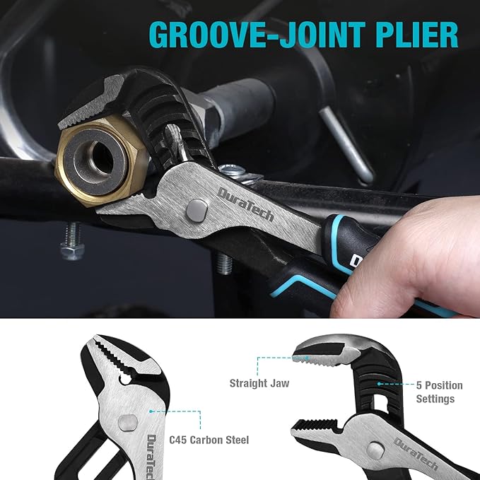 DURATECH 5-Piece Cr-Ni Pliers Set, 6" Long Nose, Slip Joint, Diagonal Cutting, 8" Linesman, Groove Joint Pliers, Easy Storage Oxford Rolling Pouch