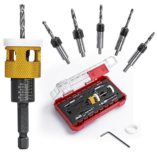 5 Pcs Hex Shank Countersink Drill Bit Set with Low Friction Depth Stop, 1/8" 9/64" 5/32" Drill+3/8” 82° Counter-Bore,11/64" 3/16" Drill+ 1/2" 82° Counter Bore,HSS M2 Tapered Bits (Yellow)