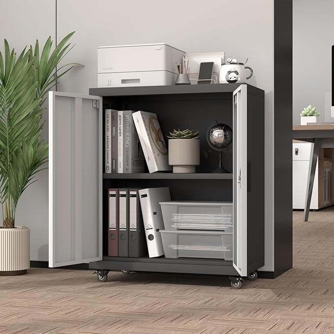 31.5''H Metal Garage Storage Cabinet with Wheels, Small Tool Storage Cabinets with Lock, Lockable Steel Rolling Tool Chest with Doors & Adjustable Shelves for Garage, Home, Office