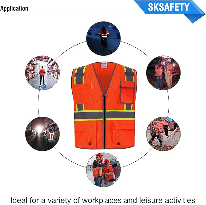 SKSAFETY 10 Pockets Safety Vest, Class 2 High Visibility Security with Zipper Double-sided mesh, Hi Vis Vest with Reflective Strips, ANSI/ISEA Standard, Construction Work Vest （Orange, 4XL）