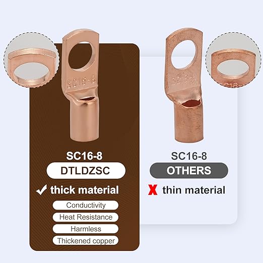 Thick Copper Electric Wire Lugs,10Pcs Bare Copper Gauge 6Awg-5/16(M8) Ring Heavy Duty Battery Cable Lugs Ends Ring Terminals Connectors with 10Pcs 3:1 Heat Shrink Tubing Assortment Kit
