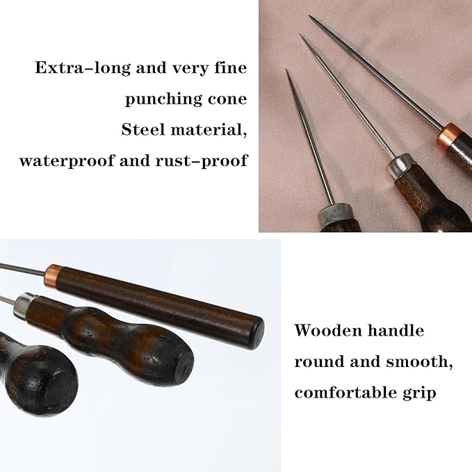 Ptwola 3 Pcs Scratch Awl Tool Gourd Shape Handle Leather Awl Punch Tool Wooden Punch Hole Craft Maker Tool Repair Shoes Sewing Stitching Supplies for Tailors Crochet DIY Cloth Stitch Bookbinding