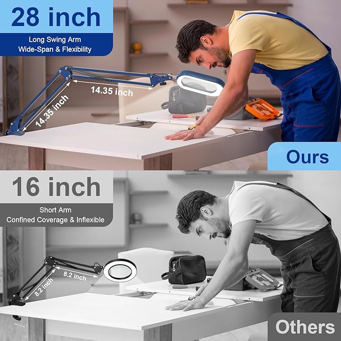 10X Rectangle Magnifying Glass with Light and Clamp, 5 Color Modes Stepless Dimmable, Lighted Magnifier with Stand Hands Free, Flexible Swing Arm LED Desk Lamp for Close Work, Craft, Reading - Blue