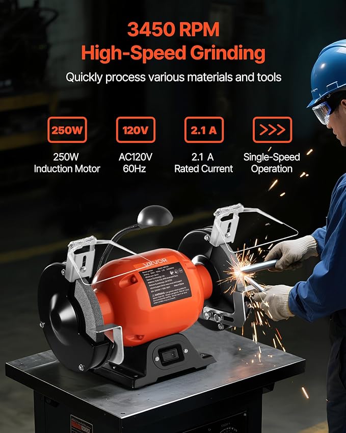 VEVOR Bench Grinder, 6-inch Single Speed Bench Grinder, 3450RPM High-Speed Table Grinders with 250W 2.1A Induction Motor, 36/60-Grit Grinding Wheels & LED Work Light for Fast Sharpening Grinding