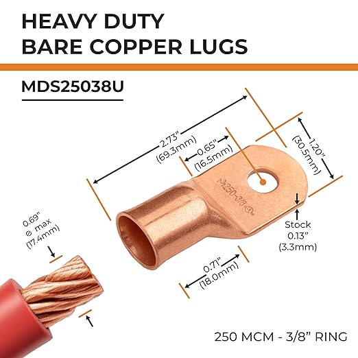 SELTERM 10pcs 250 MCM - 3/8" Stud - Battery Lugs, Heavy Duty Wire Lugs, Ring Terminals, Battery Cable Ends,250 kcmil Terminals, UL Bare Copper Eyelets Electrical Battery Terminal Connectors