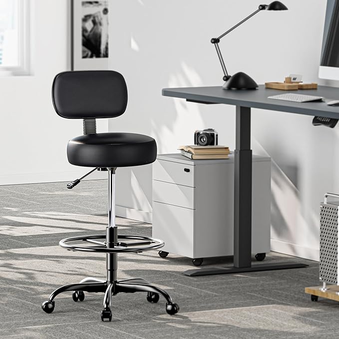 SUPERJARE Drafting Chair with Back, Adjustable Foot Rest Rolling Stool, Multi-Purpose Office Desk Chair, Thick Seat Cushion for Home Bar Kitchen Shop - All Black