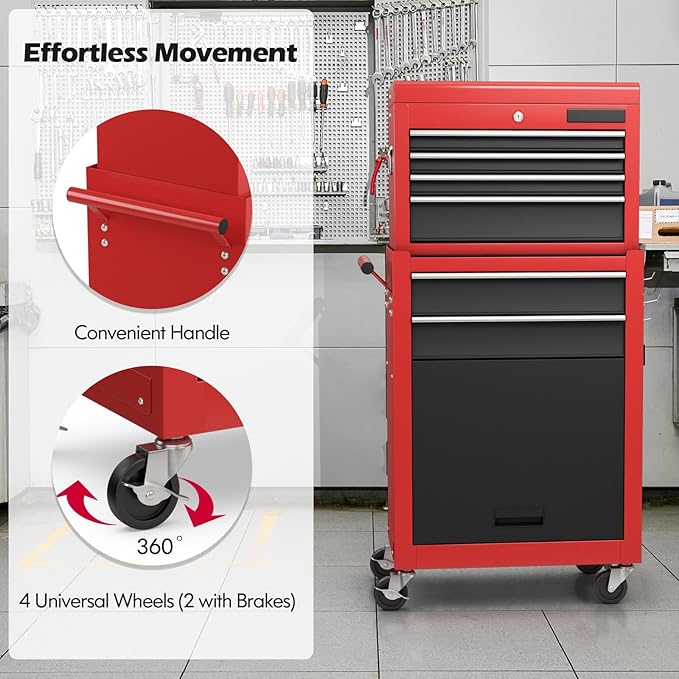S AFSTAR 6-Drawer Rolling Tool Chest, High Capacity Tool Storage Cabinet with 4 Hooks, Locking System and Universal Wheels, 2-in-1 Detachable Large Toolbox for Garage Workshop (Black & Red)