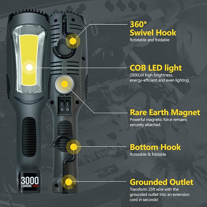 Portable Corded LED Work Light with Outlet in Handle, COB LED, 3000 Lumen 25ft 16AWG 3C SJTOW Cord Handheld Work Light, Strong Magnet, Swivel Hook for Mechanic, Garage, Workshop, Car Repair