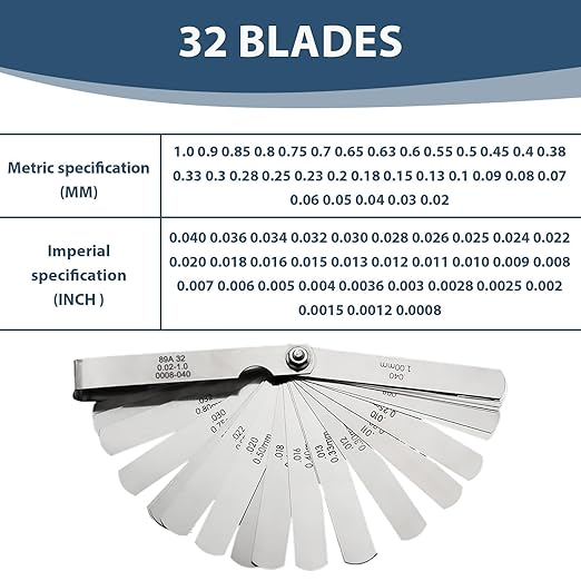 32 Blades Stainless Steel Feeler Gauge for Valves 0.0008-0.04" (0.02-1.00mm) Universal Standard SAE and Metric Offset Valve Thickness Gauge for Spark Plug Piston Measuring Gap Width or Thickness