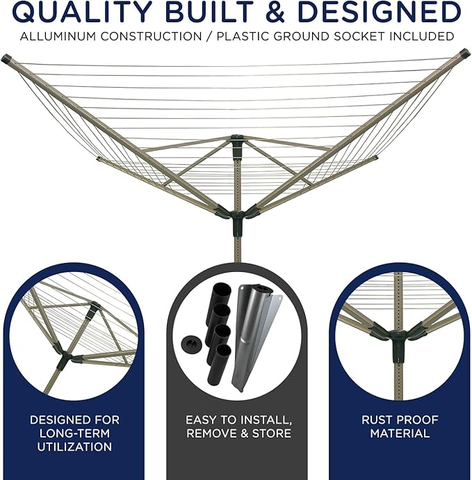 Heavy Duty Rotary Outdoor Drying Rack - 194 Feet Umbrella Clothesline Outdoor Dryer, Light Weight Aluminum Frame Outside Clothes Drying Rack, Sahara Beige