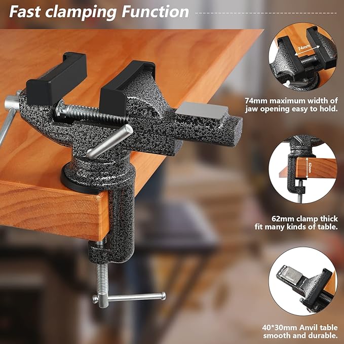 GOXAWEE Universal Bench Vise, 3.15 Inch Table Clamp, 360° Swivel Base, Small Home Vice, Clamp-on Tool for Woodworking, Cutting Conduit, Small DIY Projects, Craft Creation, Sculpting and Modeling