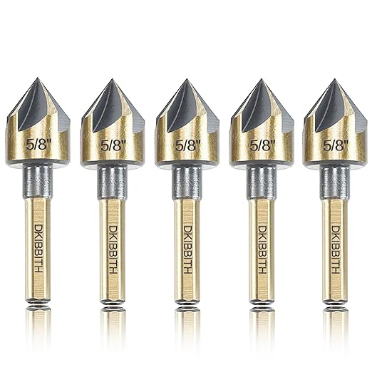 Countersink Drill Bit Set, 5 Pieces High Speed Steel 82 Degree 5 Flute 6mm Round Shank Mill Cutter Bit Countersink in Sizes 5/8" Set with Carrying Case.
