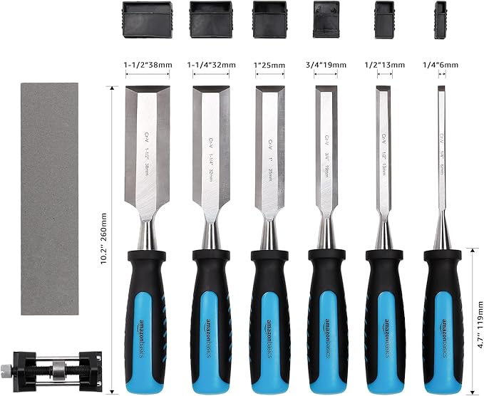 Amazon Basics 8-Piece Wood Carving Chisel Set with Honing Guide, Sharpening Stone and Storage Case, 1/4" - 1-1/2"