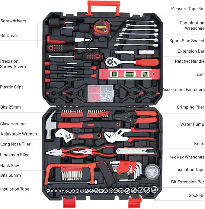 Hand tools, 237 Piece Tools Set, socket wrenches Professional Grade All-in-One Tool Kit for dorm with Plastic Toolbox-Perfect Idea as a Gift for College, General Household Hand Repair Set