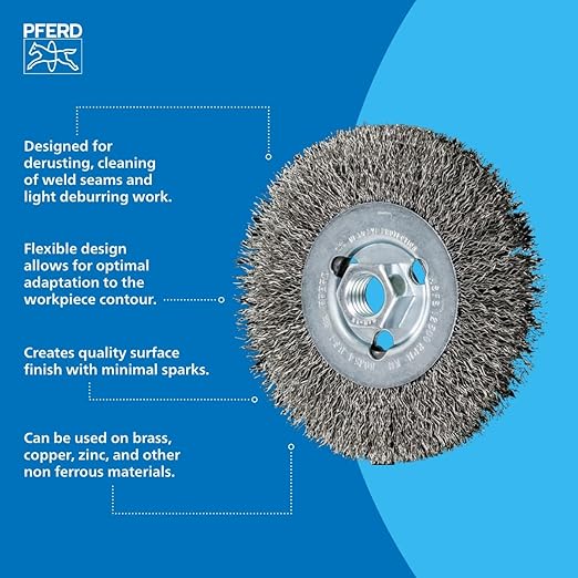 PFERD Crimped Wheel Brush - Brass Wire, 4" Diameter, 5/8-11 Thread, 0.012 Wire Size, 11/16" Trim Length, 1/2" Face Width, 12500 RPM - Ideal for Surface Preparation and Finishing - Part 82367