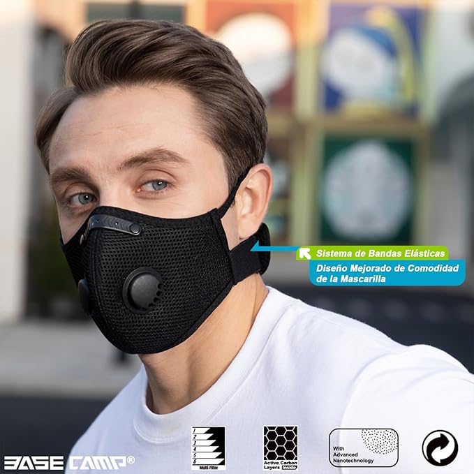 BASE CAMP Silver and Black Upgrade M Plus Dust Mask, Reusable Respirator Face Mask with 6 Activated Carbon Filters, Safety Work Masks for Woodworking, Construction, Yard Lawn Paint, Dust