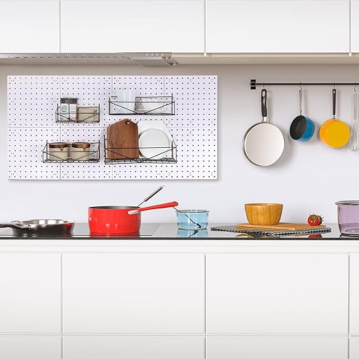 Nuanchu 8 Set Pegboard Wall Mount Display Organizer Kit - Plastic Pegboard Panels for Garage Kitchen Living Room Office No Drilling to Wall, No Drilling Required, 10 x 10 Inch(White)
