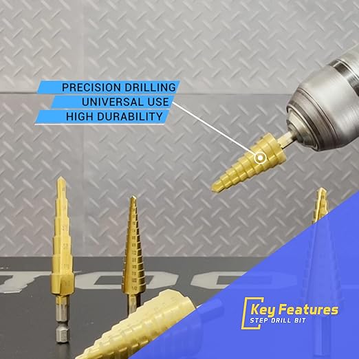 Titanium Step Drill Bit Set - 3PCS High Speed Steel Unibit, 1/4" Shank, Total 28 Sizes 3/16" - 1/2"