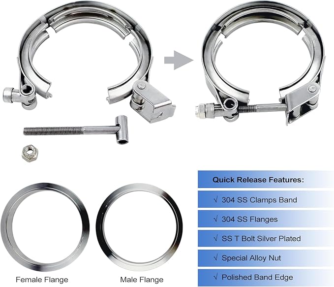 3.5 inch V Band Clamp - 2 sets of Quick Release Vband Clamps with Male Female Flanges Stainless Steel for exhaust system, turbocharger, downpipe and mufflers (3.5" - 2 Pack)