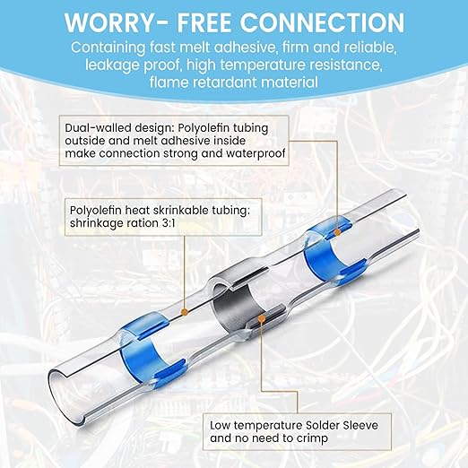 5 Sizes, 180 Pieces - Heat Shrink Butt Connectors, Solder Seal, Waterproof Self Shrink Electrical Connector Kit- for Wiring, Soldering, Marine, Automotive