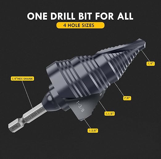 UPGRADE M35 Cobalt Step Drill Bit with Ultra TiAIN Coating, 1/4" - 1-3/8" Unibit Step Bit with Double Sprial Flute, 1/4" Hex Shank Drill Bit for Metal, Stainless Steel, Aluminum, Copper, Wood