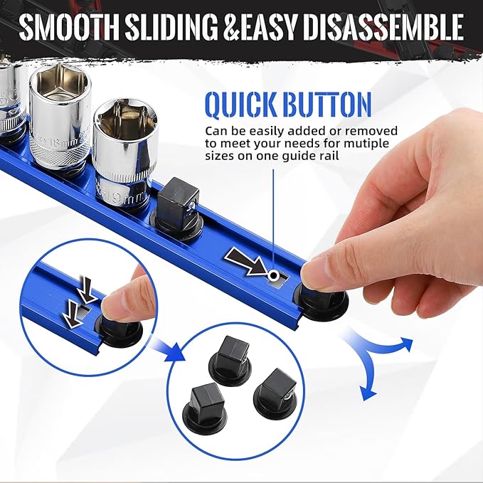 Magnetic Socket Organizer, 3-Piece Heavty Duty Aluminum Socket Holder, Socket Rail for Tool Box, Premium Quality 360° Swivel Socket Rack with 42 Clips for 1/4-Inch(Blue)