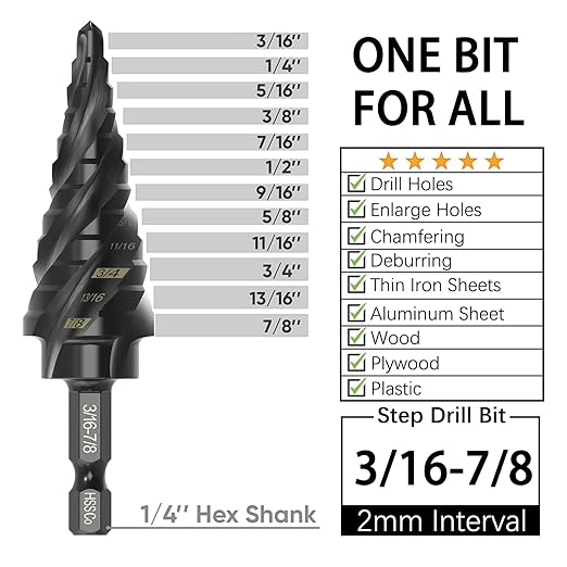 M35 Cobalt Step Drill Bit Four Spiral Flute, 3/16"-7/8" (12 Step Sizes) - Ideal for Metal, Stainless Steel, Wood, Plastic - 1/4" Hex Shank