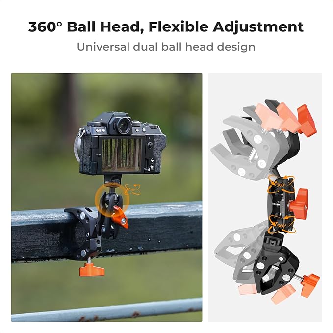 K&F Concept Double Super Clamp Mount, Camera Clamp Mount with 1/4" Threads Metal Clamp for Chair, Pole, Tripod, Desk, Photography Reflector, Flag, Umbrella, Motorcycle Mount