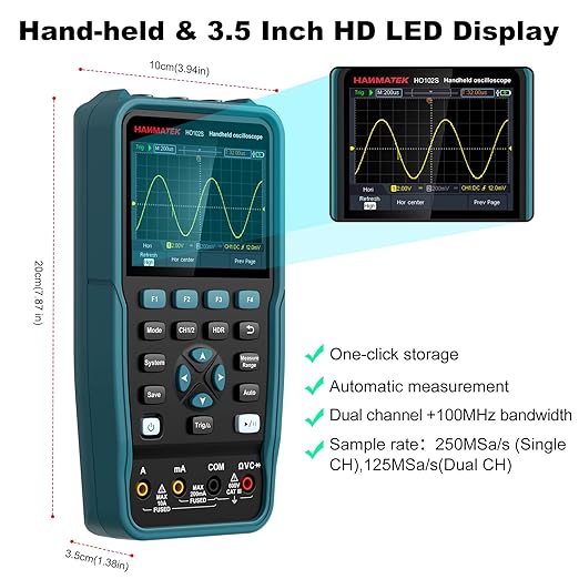 HANMATEK 3 in 1 Handheld Oscilloscope Multimeter 100Mhz Waveform Generator Oscilloscope with 2 Channels 3.5"TFT, HO102S Professional oscilloscope Multimeter with Memory Function