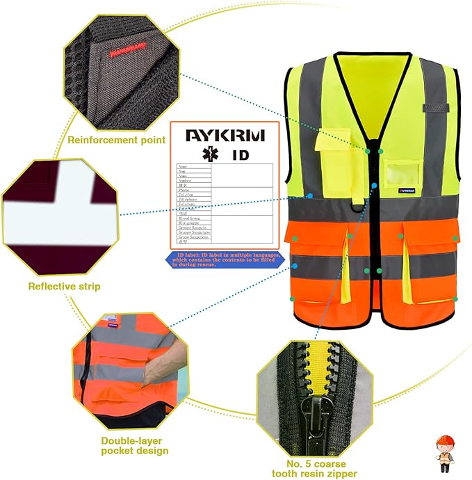 Yellow&Orange Color Mixed High Visibility Safety Vest with 7 Pockets with Reflective Strips and Zipper, X-Small