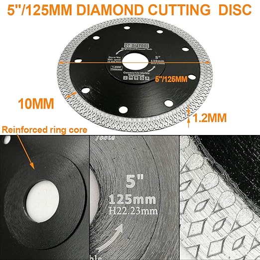DT-DIATOOL Diamond Tile Blade 5 Inch Diamond Turbo X Mesh Rim Segement Circular Saw Blade for Procelain Ceramic Stoneware Marble Granite Fits 5/8"-7/8" Arbor