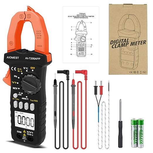 AIOMEST Bluetooth Digital Multimeter, AI-7200APP TRMS 6000 Counts Clamp-on Meter for AC DC Current Voltage Resistance Capacitance Hz Temp Diode Continuity Buzzer with Lamp NCV