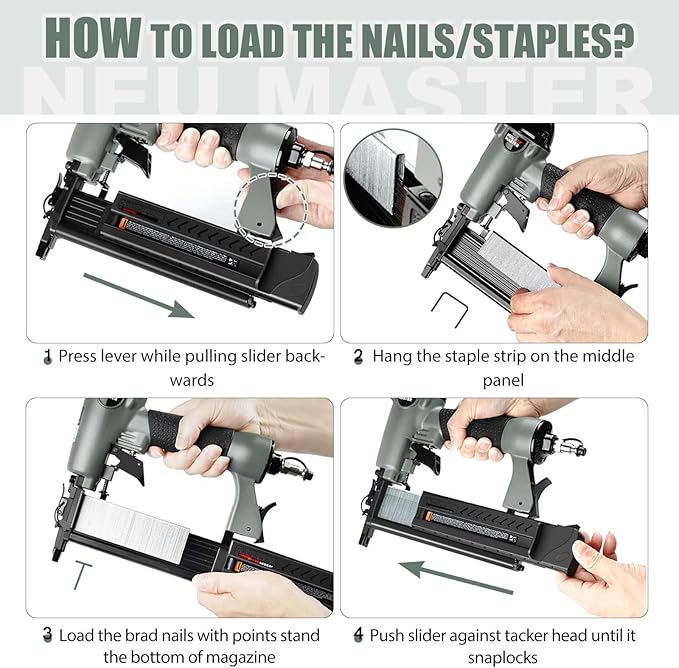 NEU Master Pneumatic Brad Nailer, 2 in 1 Nail Gun Staple Gun Fires 18 Gauge 2 Inch Brad Nails and Crown 1-5/8 inch Staples with Carrying Case and Safety Glasses (Need Air Compressor)