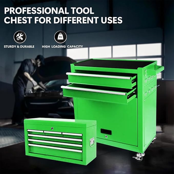 8 Drawers Rolling Tool Chest - Tool Box Organizer with Wheels and Drawers, Detachable Storage Cabinet with Lock for Garage Workshop, Green