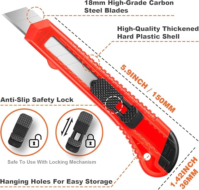 20 Pack Utility Knife, Box Cutter Retractable, Box Knife for Cartons, Cardboard, and Boxes, Box Opener with 10 Pieces 18mm Snap-off Blade, Razor Knife for Office and Home Use, Box Cutters, Red